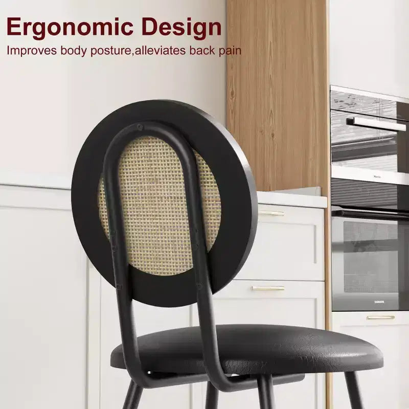 Modern upholstered dining chairs  Contemporary set with natural rattan backrest, metal legs  Space-saving design for dining room