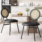 Modern upholstered dining chairs  Contemporary set with natural rattan backrest, metal legs  Space-saving design for dining room