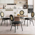 Modern upholstered dining chairs  Contemporary set with natural rattan backrest, metal legs  Space-saving design for dining room