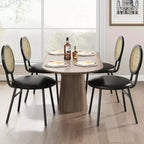 Modern upholstered dining chairs  Contemporary set with natural rattan backrest, metal legs  Space-saving design for dining room