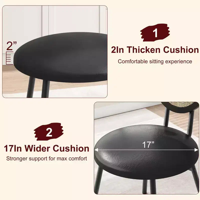 Modern upholstered dining chairs  Contemporary set with natural rattan backrest, metal legs  Space-saving design for dining room
