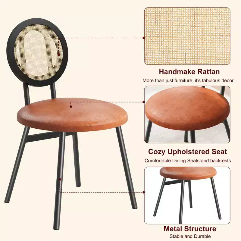 Modern upholstered dining chairs  Contemporary set with natural rattan backrest, metal legs  Space-saving design for dining room