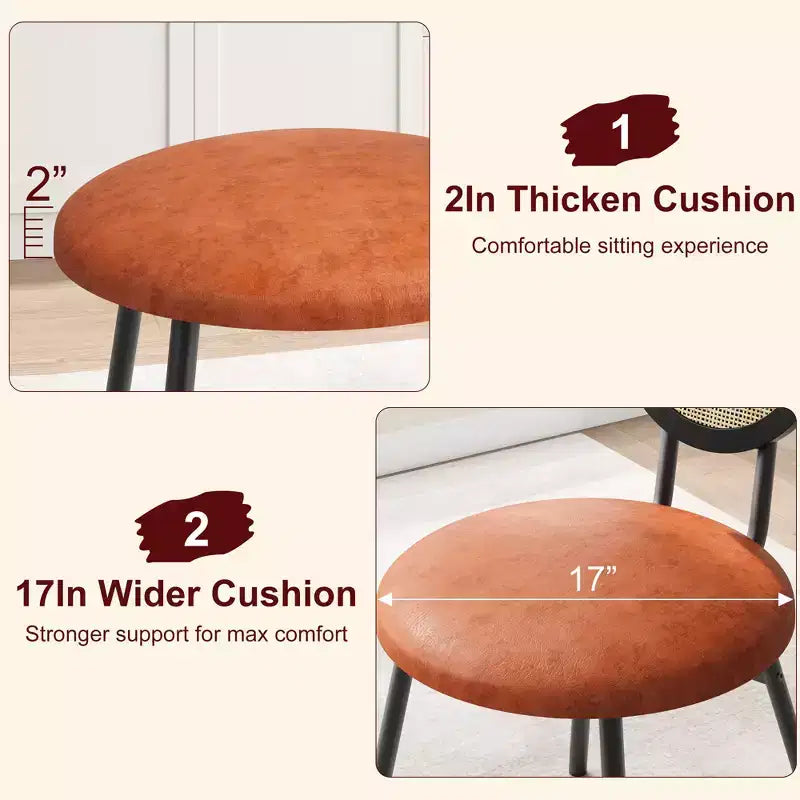 Modern upholstered dining chairs  Contemporary set with natural rattan backrest, metal legs  Space-saving design for dining room
