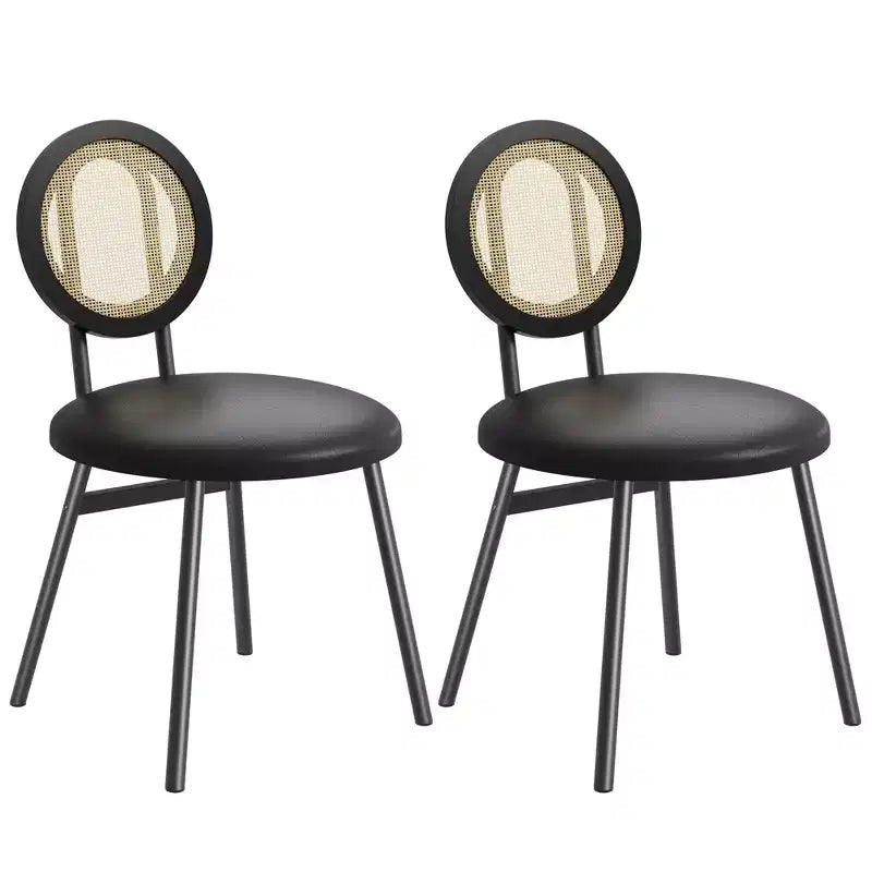 Modern upholstered dining chairs  Contemporary set with natural rattan backrest, metal legs  Space-saving design for dining room