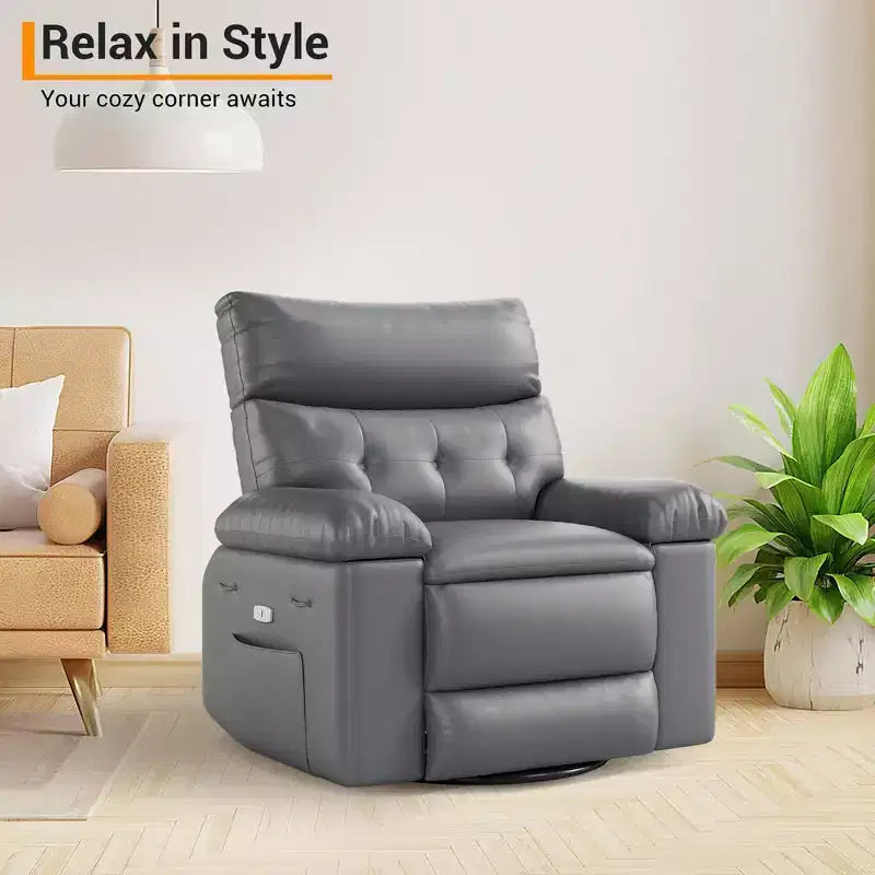 Swivel Recliner sofamade of thickened artificial leather, with massage, reclining and side pocket functions, suitable for living room and bedroom.