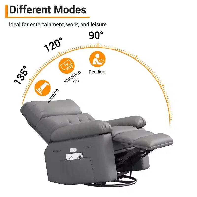 Swivel Recliner sofamade of thickened artificial leather, with massage, reclining and side pocket functions, suitable for living room and bedroom.