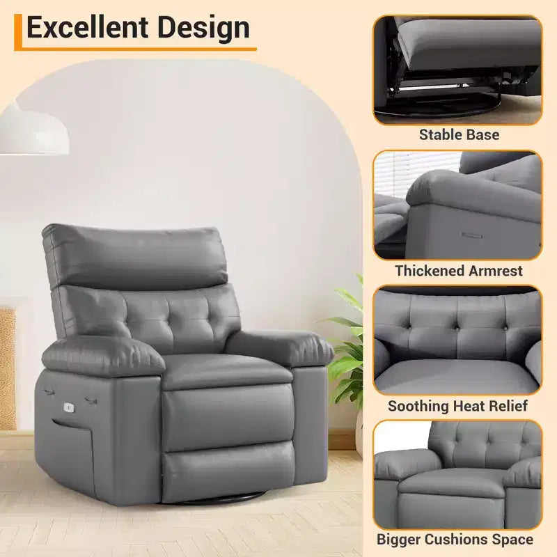 Swivel Recliner sofamade of thickened artificial leather, with massage, reclining and side pocket functions, suitable for living room and bedroom.