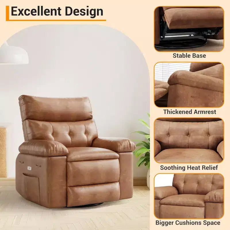 Swivel Recliner sofamade of thickened artificial leather, with massage, reclining and side pocket functions, suitable for living room and bedroom.