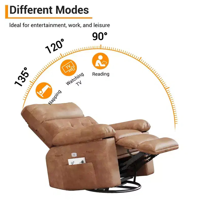 Swivel Recliner sofamade of thickened artificial leather, with massage, reclining and side pocket functions, suitable for living room and bedroom.