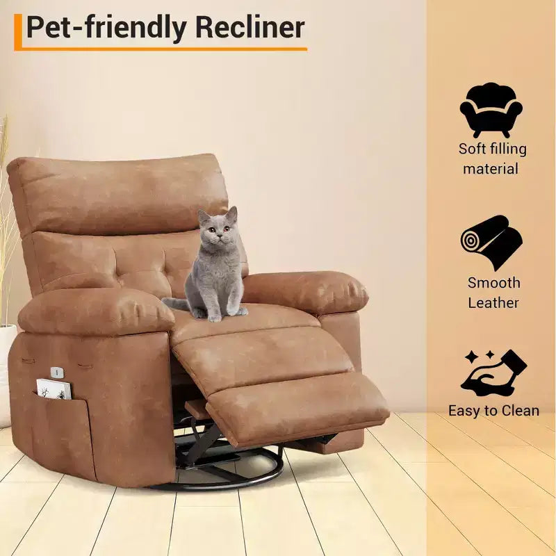 Swivel Recliner sofamade of thickened artificial leather, with massage, reclining and side pocket functions, suitable for living room and bedroom.