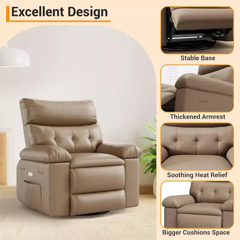 Swivel Recliner sofamade of thickened artificial leather, with massage, reclining and side pocket functions, suitable for living room and bedroom.