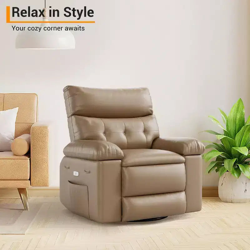 Swivel Recliner sofamade of thickened artificial leather, with massage, reclining and side pocket functions, suitable for living room and bedroom.