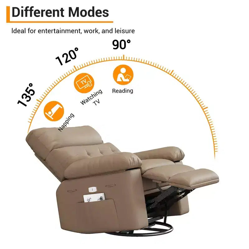 Swivel Recliner sofamade of thickened artificial leather, with massage, reclining and side pocket functions, suitable for living room and bedroom.