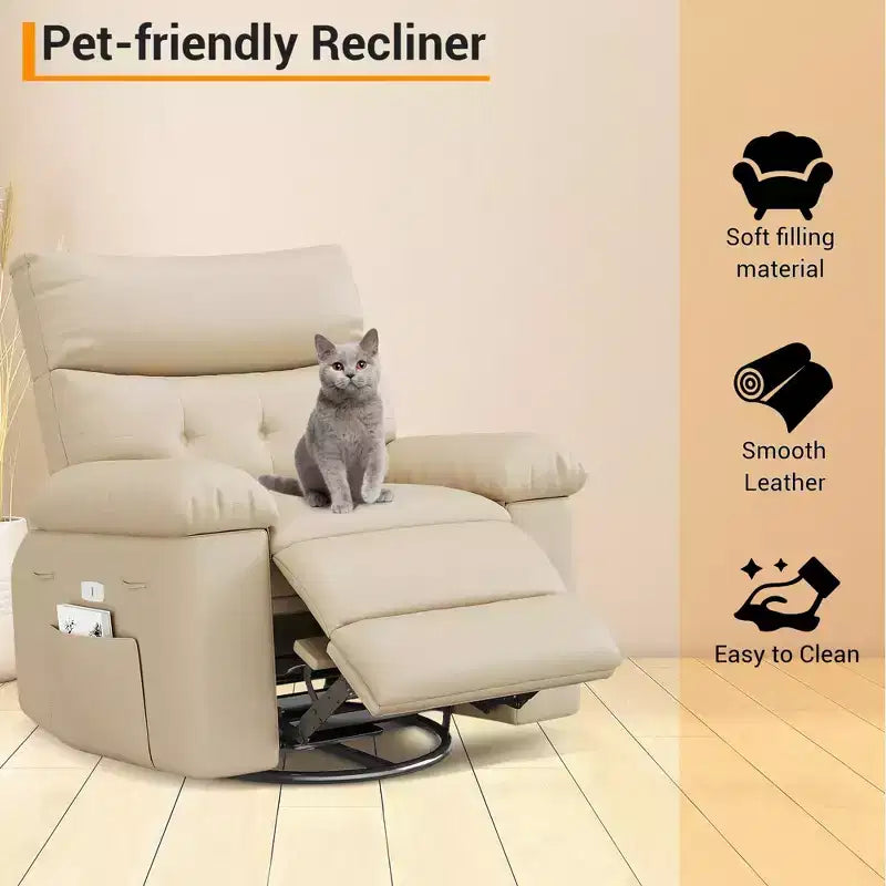 Swivel Recliner sofamade of thickened artificial leather, with massage, reclining and side pocket functions, suitable for living room and bedroom.