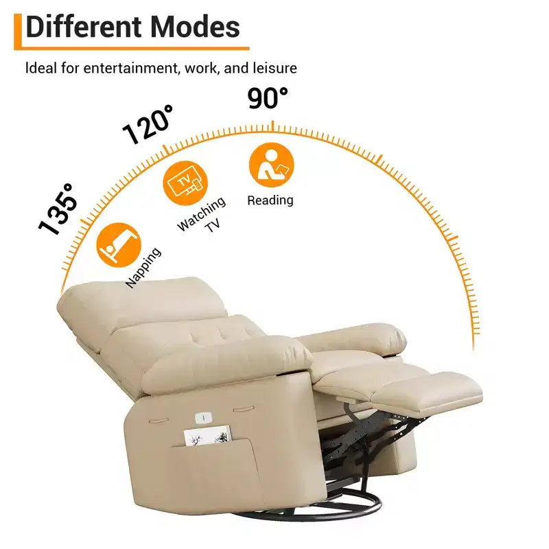 Swivel Recliner sofamade of thickened artificial leather, with massage, reclining and side pocket functions, suitable for living room and bedroom.