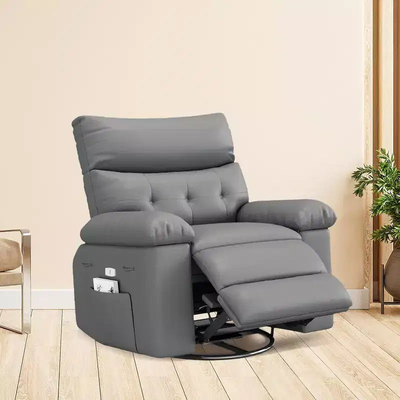 Swivel Recliner sofamade of thickened artificial leather, with massage, reclining and side pocket functions, suitable for living room and bedroom.