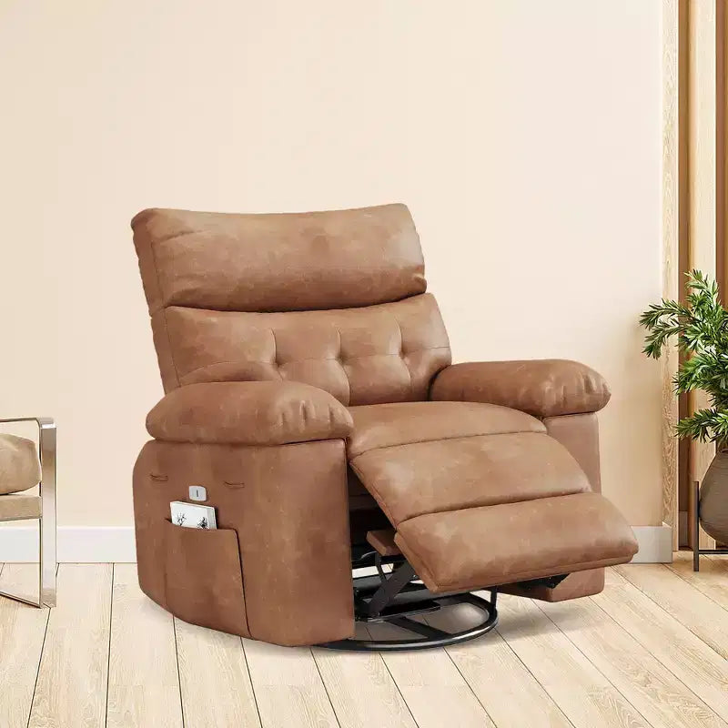 Swivel Recliner sofamade of thickened artificial leather, with massage, reclining and side pocket functions, suitable for living room and bedroom.