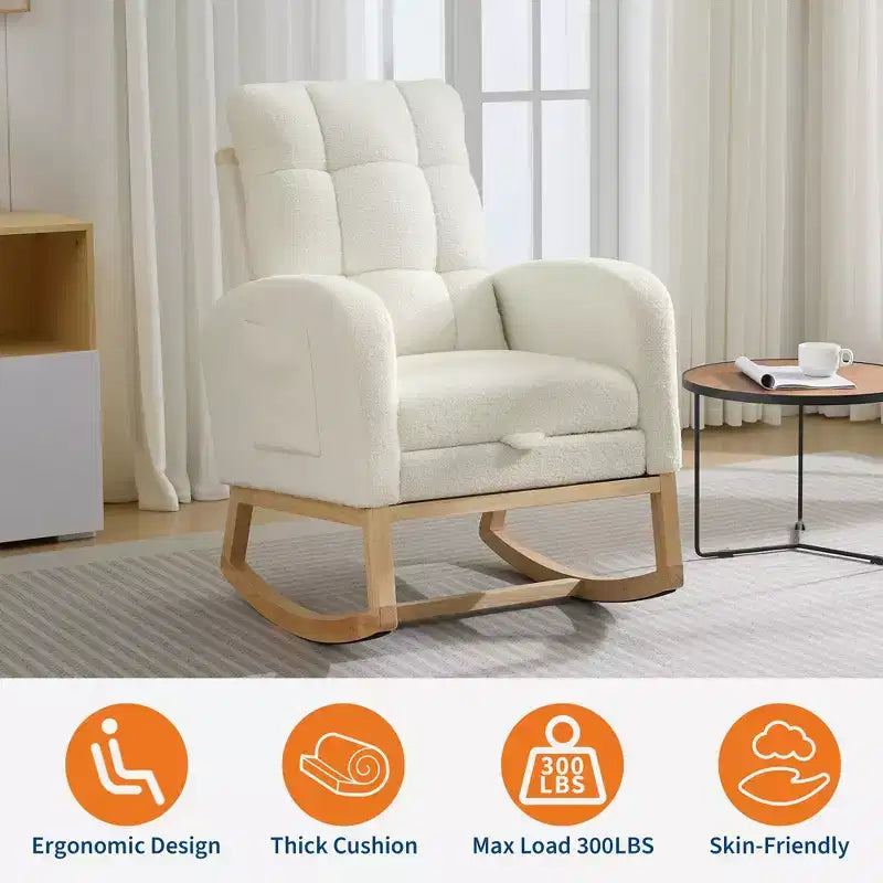 Modern rocking chair with side pockets, cushioned design. Suitable for living rooms and bedrooms. High backrest
