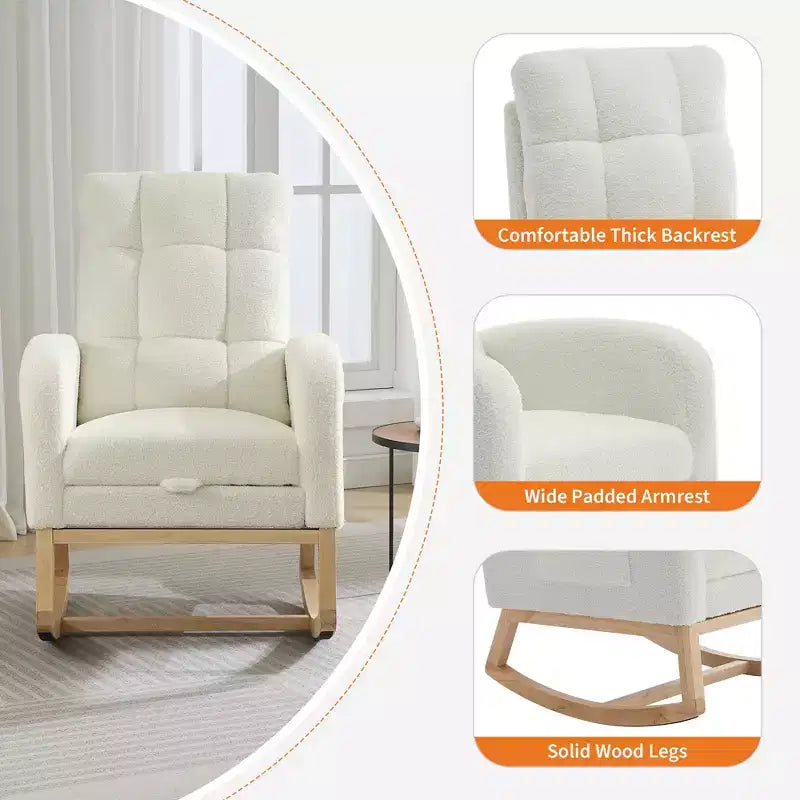 Modern rocking chair with side pockets, cushioned design. Suitable for living rooms and bedrooms. High backrest