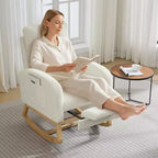 Modern rocking chair with side pockets, cushioned design. Suitable for living rooms and bedrooms. High backrest
