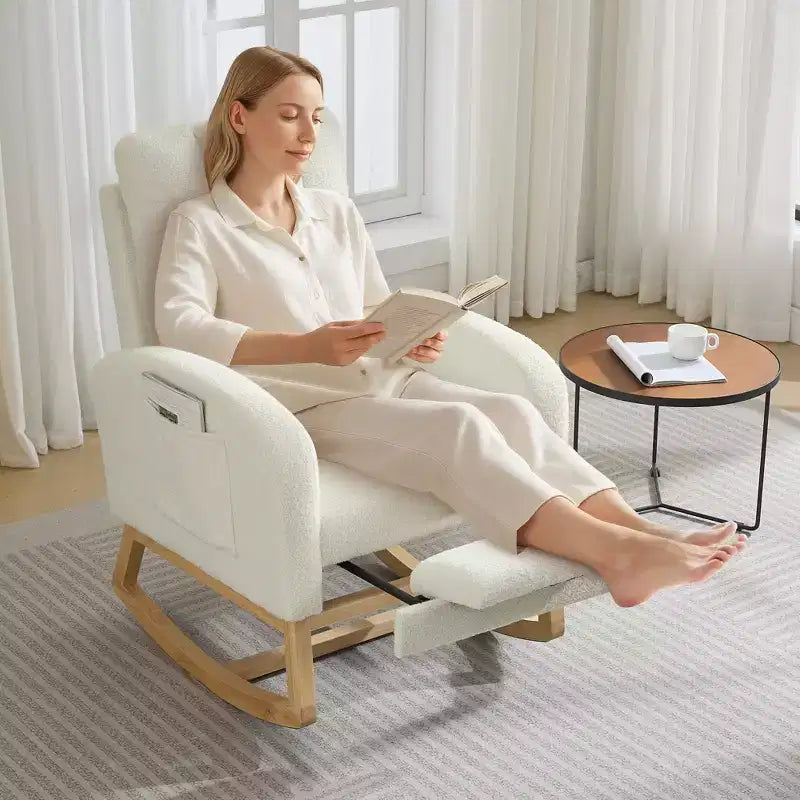 Modern rocking chair with side pockets, cushioned design. Suitable for living rooms and bedrooms. High backrest