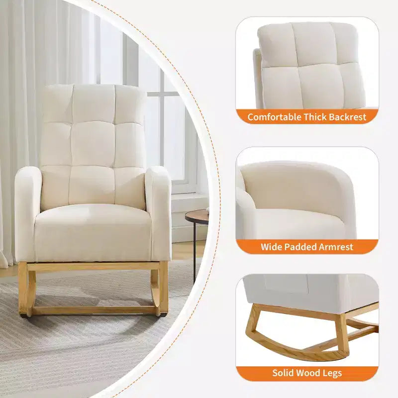 Modern rocking chair with side pockets, cushioned design. Suitable for living rooms and bedrooms. High backrest