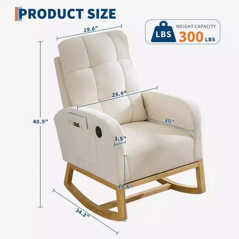 Modern rocking chair with side pockets, cushioned design. Suitable for living rooms and bedrooms. High backrest