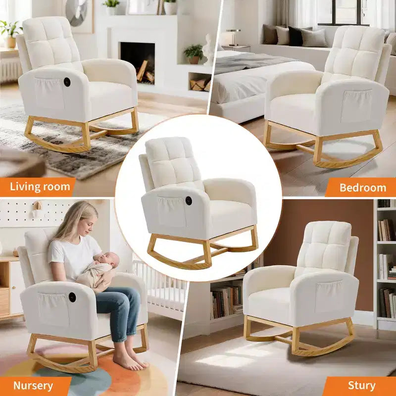 Modern rocking chair with side pockets, cushioned design. Suitable for living rooms and bedrooms. High backrest