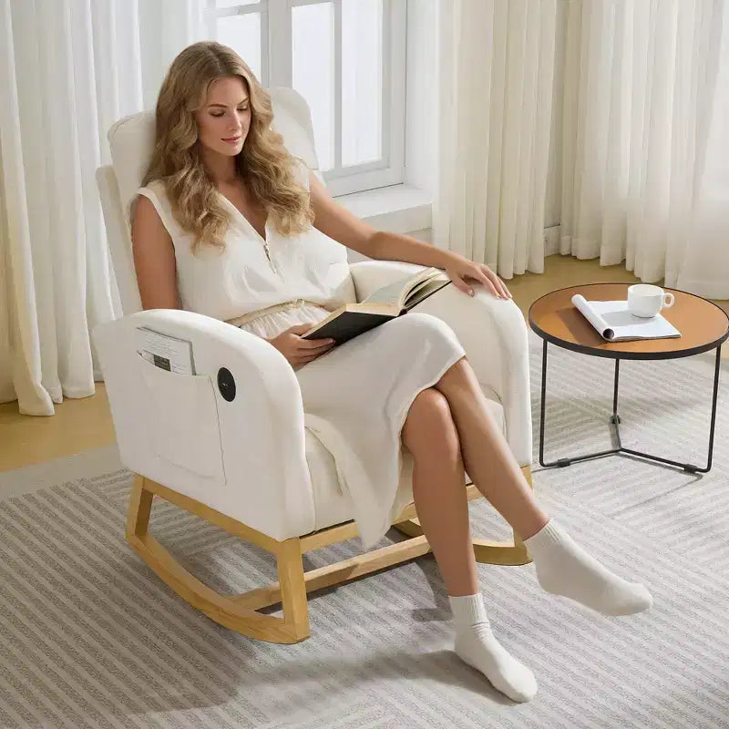 Modern rocking chair with side pockets, cushioned design. Suitable for living rooms and bedrooms. High backrest