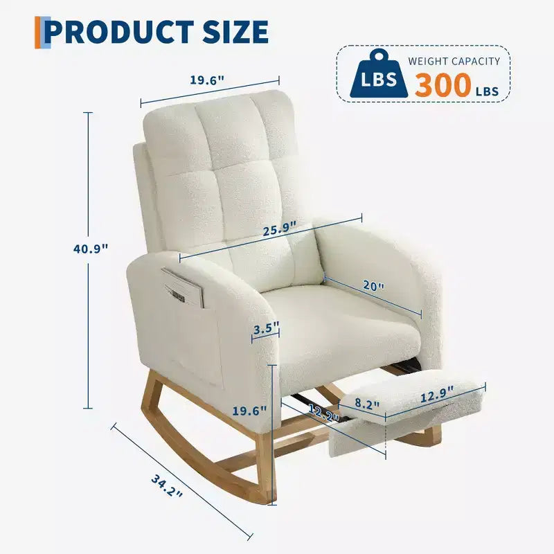 Modern rocking chair with side pockets, cushioned design. Suitable for living rooms and bedrooms. High backrest