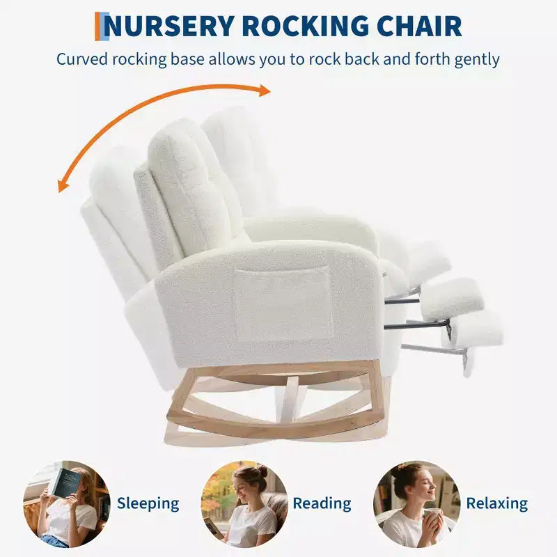 Modern rocking chair with side pockets, cushioned design. Suitable for living rooms and bedrooms. High backrest