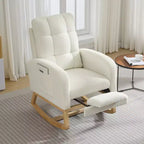 Modern rocking chair with side pockets, cushioned design. Suitable for living rooms and bedrooms. High backrest
