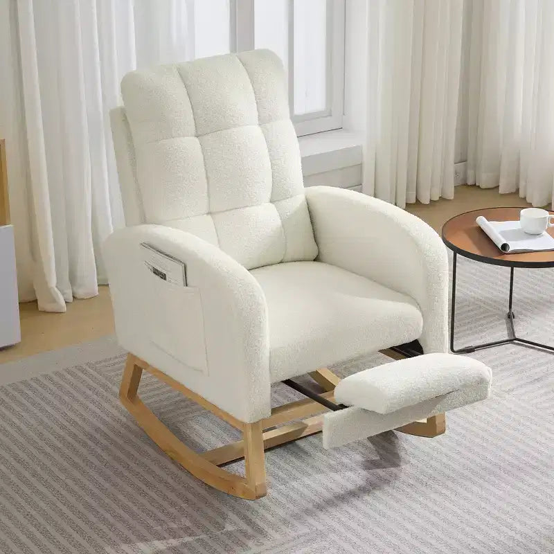 Modern rocking chair with side pockets, cushioned design. Suitable for living rooms and bedrooms. High backrest