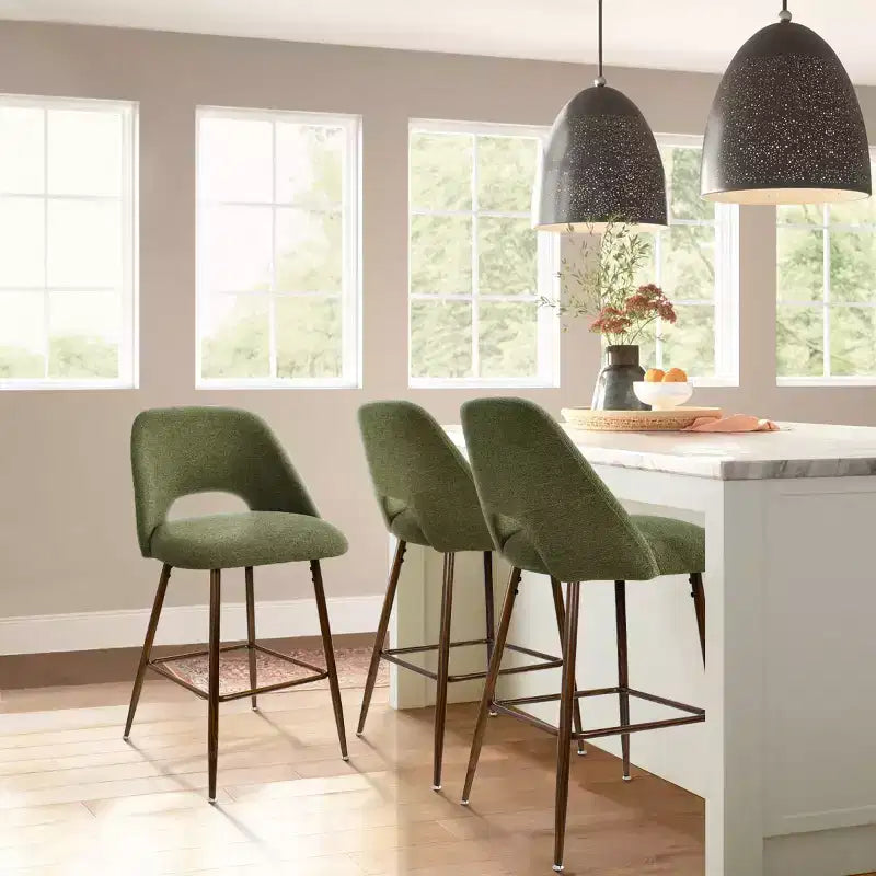 Set of 3 Mid-Century Modern Counter Height Bar Stools, 26 Upholstered Kitchen Island Chairs with Walnut Finish Metal Legs - Panipeachy