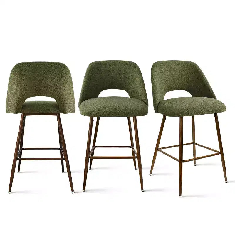 Set of 3 Mid-Century Modern Counter Height Bar Stools, 26 Upholstered Kitchen Island Chairs with Walnut Finish Metal Legs - Panipeachy