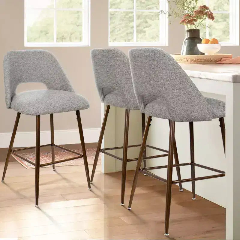 Set of 3 Mid-Century Modern Counter Height Bar Stools, 26 Upholstered Kitchen Island Chairs with Walnut Finish Metal Legs - Panipeachy