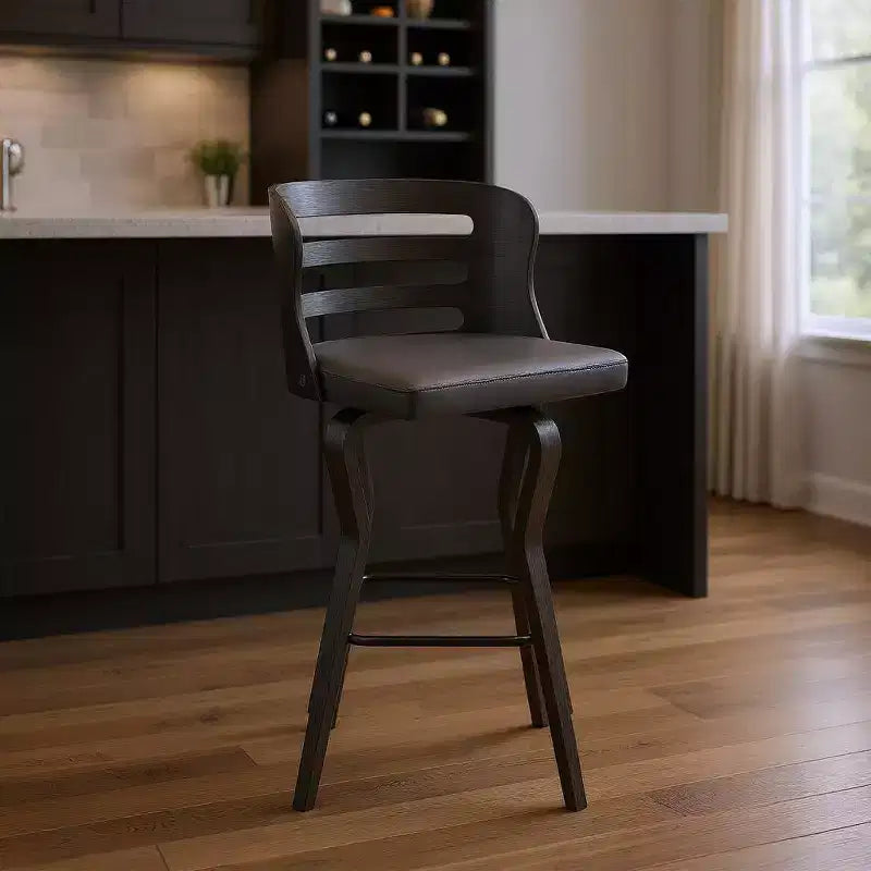 HomeRoots 29 Gray And Black Faux Leather And Iron Swivel Low Back Bar Height Bar Chair