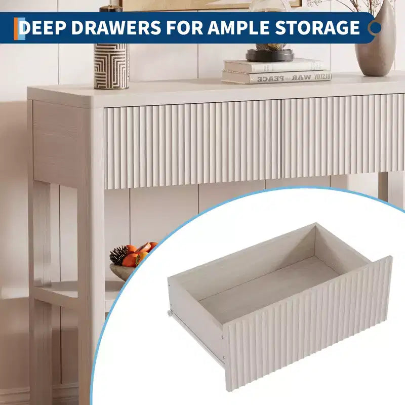 34.6 Tall Console Table with 3-Tier Storage Shelves, Fluted Wood Entryway Sofa Table Behind Couch with 2 Drawers for Living Room Hallway, White Grey