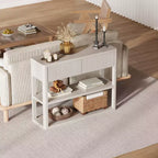 34.6 Tall Console Table with 3-Tier Storage Shelves, Fluted Wood Entryway Sofa Table Behind Couch with 2 Drawers for Living Room Hallway, White Grey