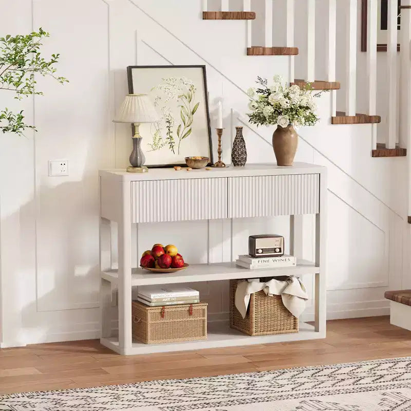 34.6 Tall Console Table with 3-Tier Storage Shelves, Fluted Wood Entryway Sofa Table Behind Couch with 2 Drawers for Living Room Hallway, White Grey