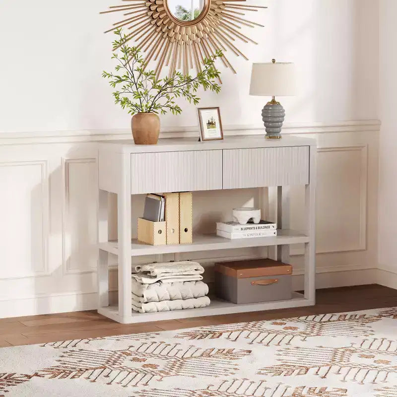 34.6 Tall Console Table with 3-Tier Storage Shelves, Fluted Wood Entryway Sofa Table Behind Couch with 2 Drawers for Living Room Hallway, White Grey