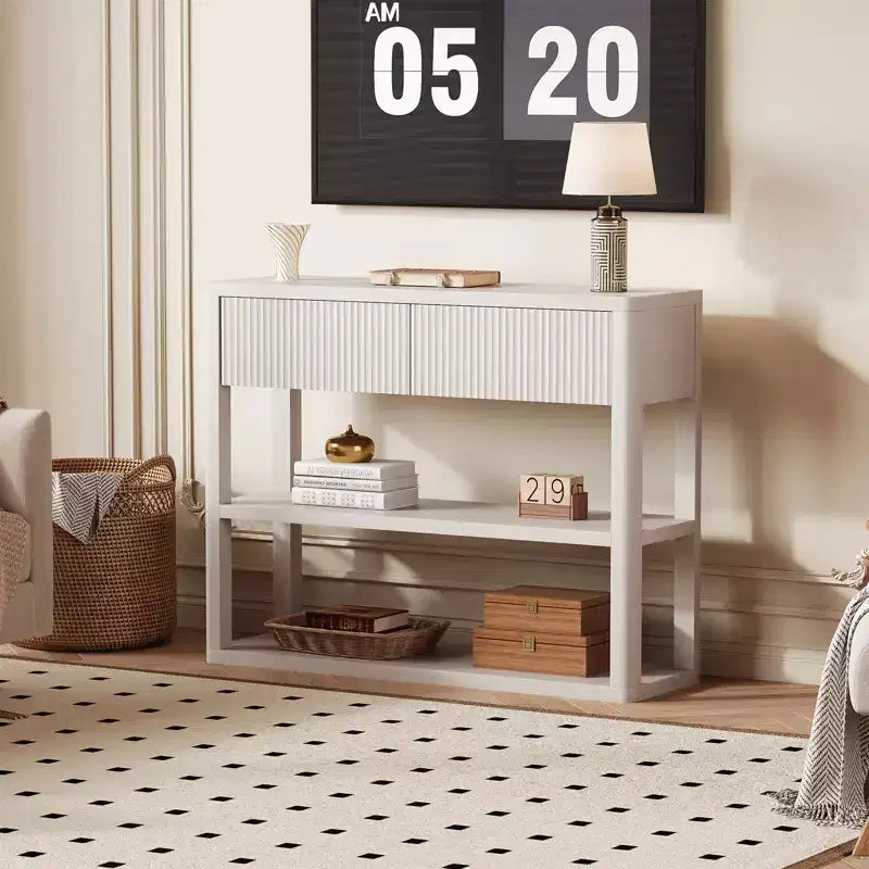 34.6 Tall Console Table with 3-Tier Storage Shelves, Fluted Wood Entryway Sofa Table Behind Couch with 2 Drawers for Living Room Hallway, White Grey