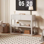 34.6 Tall Console Table with 3-Tier Storage Shelves, Fluted Wood Entryway Sofa Table Behind Couch with 2 Drawers for Living Room Hallway, White Grey