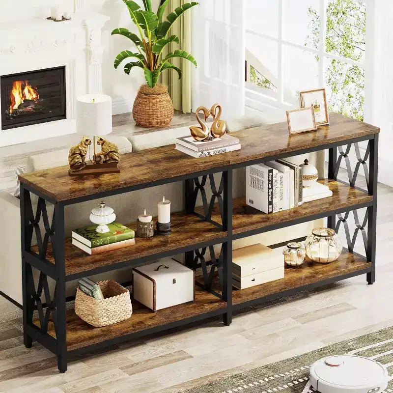 Lantine 70.9-Inch Console Table with Storage, Industrial 3-Tier Sofa Table for Living Room, Entryway Table for Hallway, Rustic Brown & Black