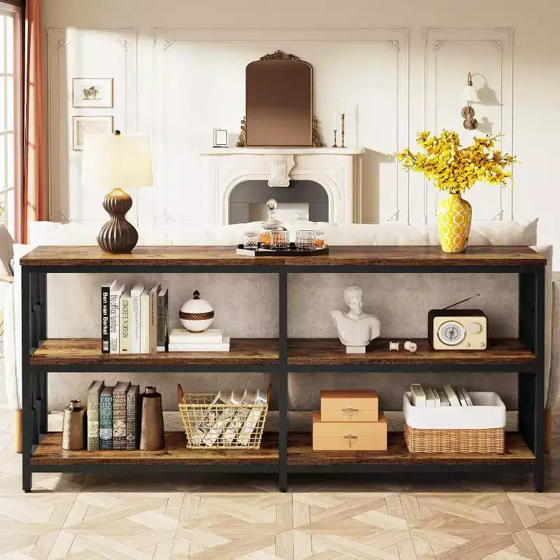Lantine 70.9-Inch Console Table with Storage, Industrial 3-Tier Sofa Table for Living Room, Entryway Table for Hallway, Rustic Brown & Black