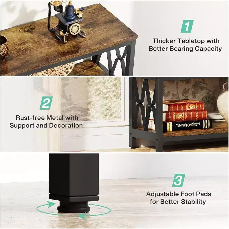 Lantine 70.9-Inch Console Table with Storage, Industrial 3-Tier Sofa Table for Living Room, Entryway Table for Hallway, Rustic Brown & Black