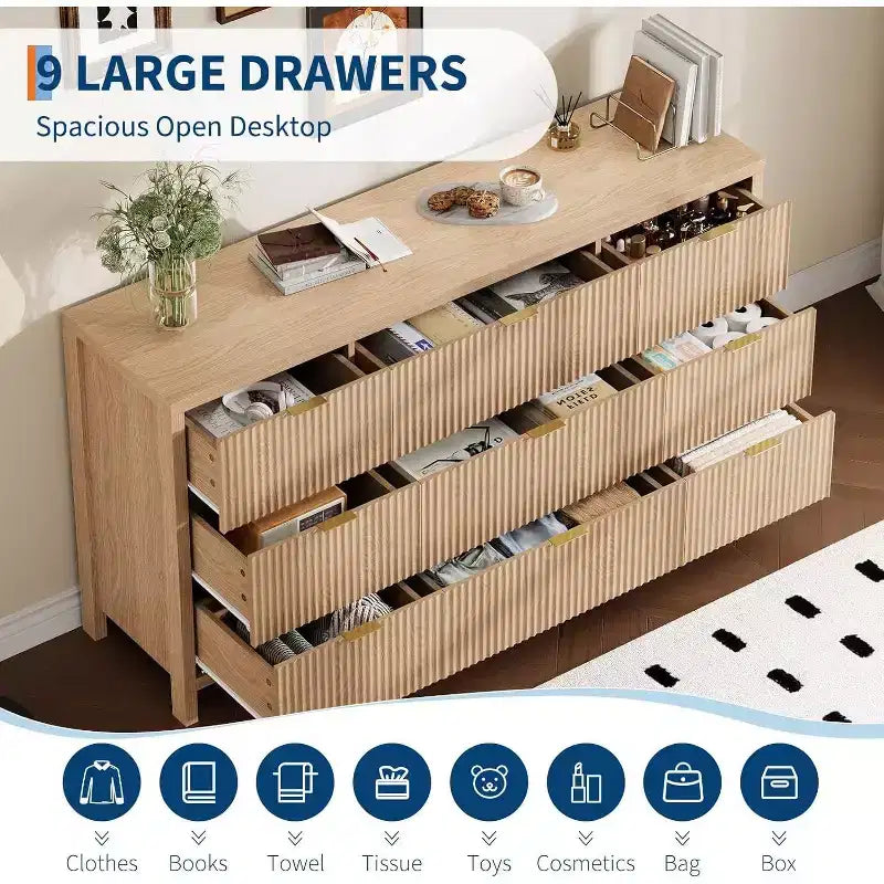 Farmhouse 9 Drawer Dressers for Bedroom - Slim Wood Chest of Drawers Mid Century Modern Fluted Dresser Storage Organizer for Closet Living Room