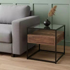 HomeRoots 22 Black Glass And Iron Square End Table With Drawer With Shelf