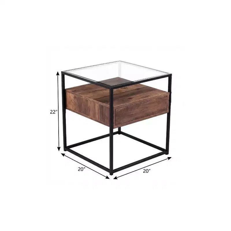 HomeRoots 22 Black Glass And Iron Square End Table With Drawer With Shelf