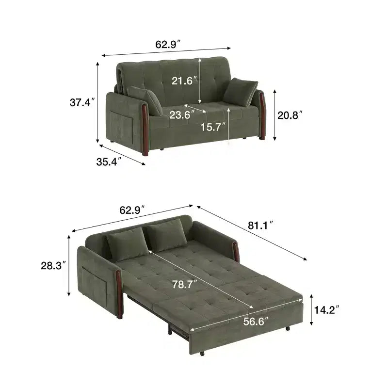Luck Live 62.9 Convertible Fabric Sofa Bed With Storage, Solid Wood Trim Sleeper Couch For Small Living Rooms & Apartments